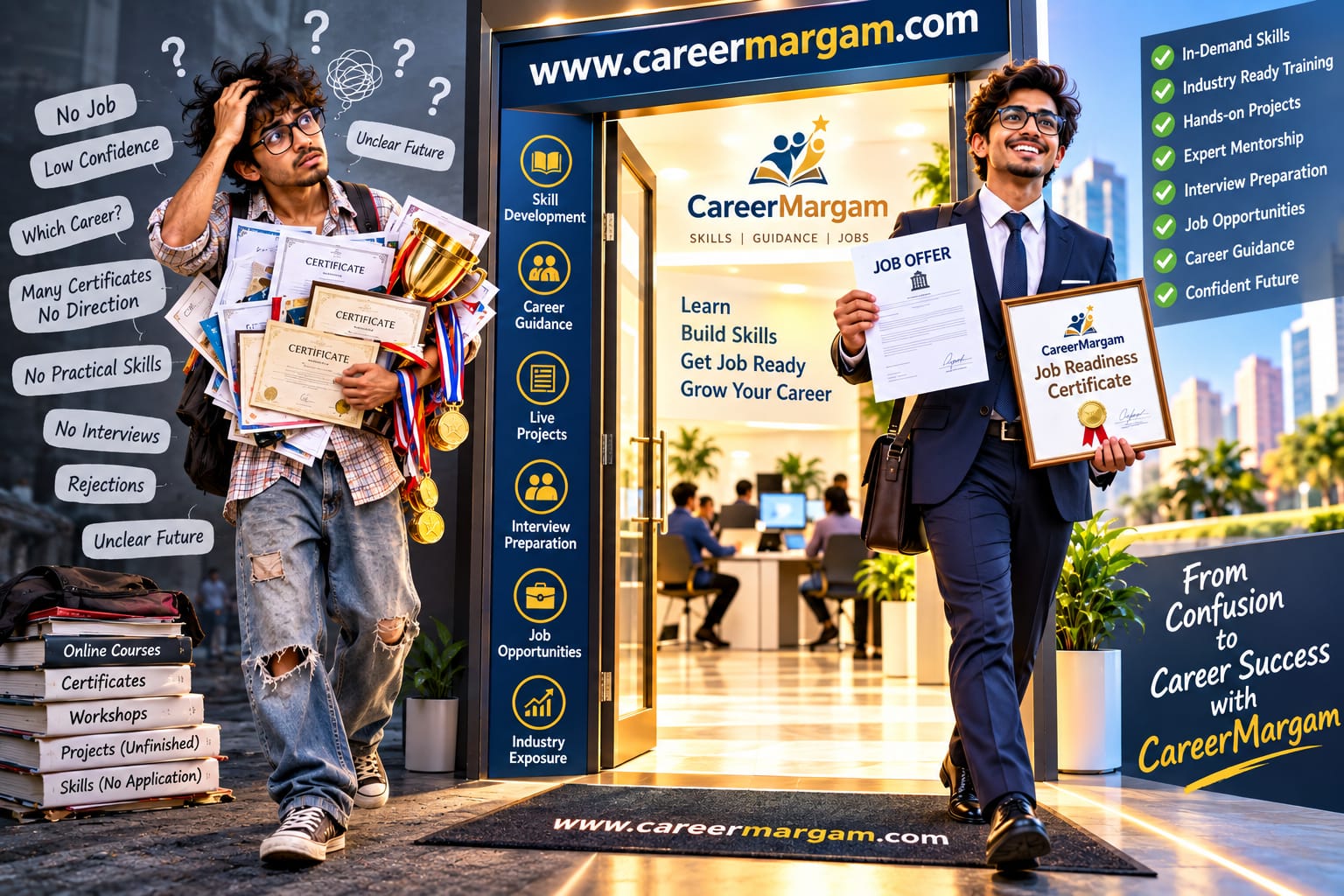 From confusion to career success with CareerMargam — a confused candidate holding unfinished certificates transforms into a confident professional holding a job offer and a CareerMargam Job Readiness Certificate